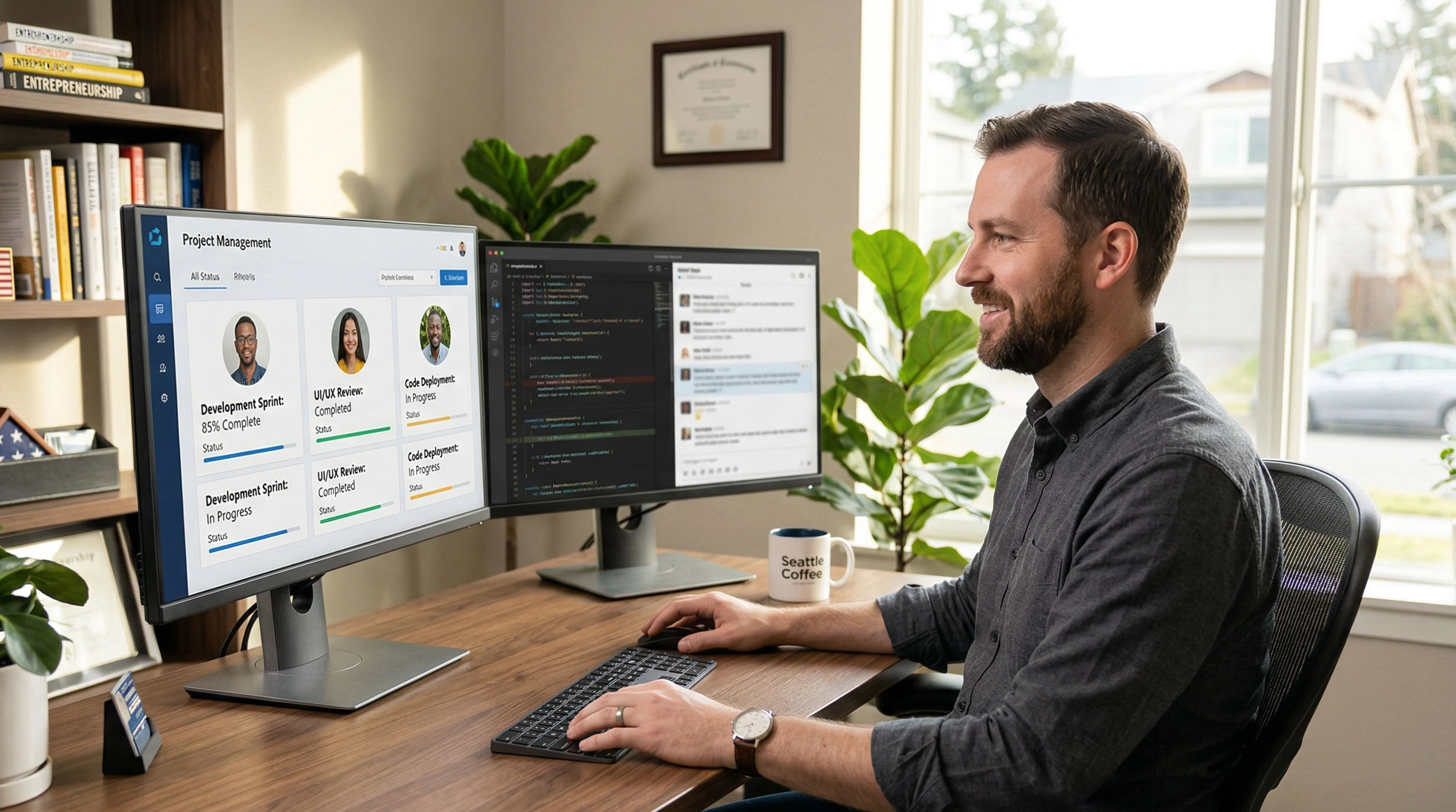 US business owner reviewing work from a Philippines-based remote development team