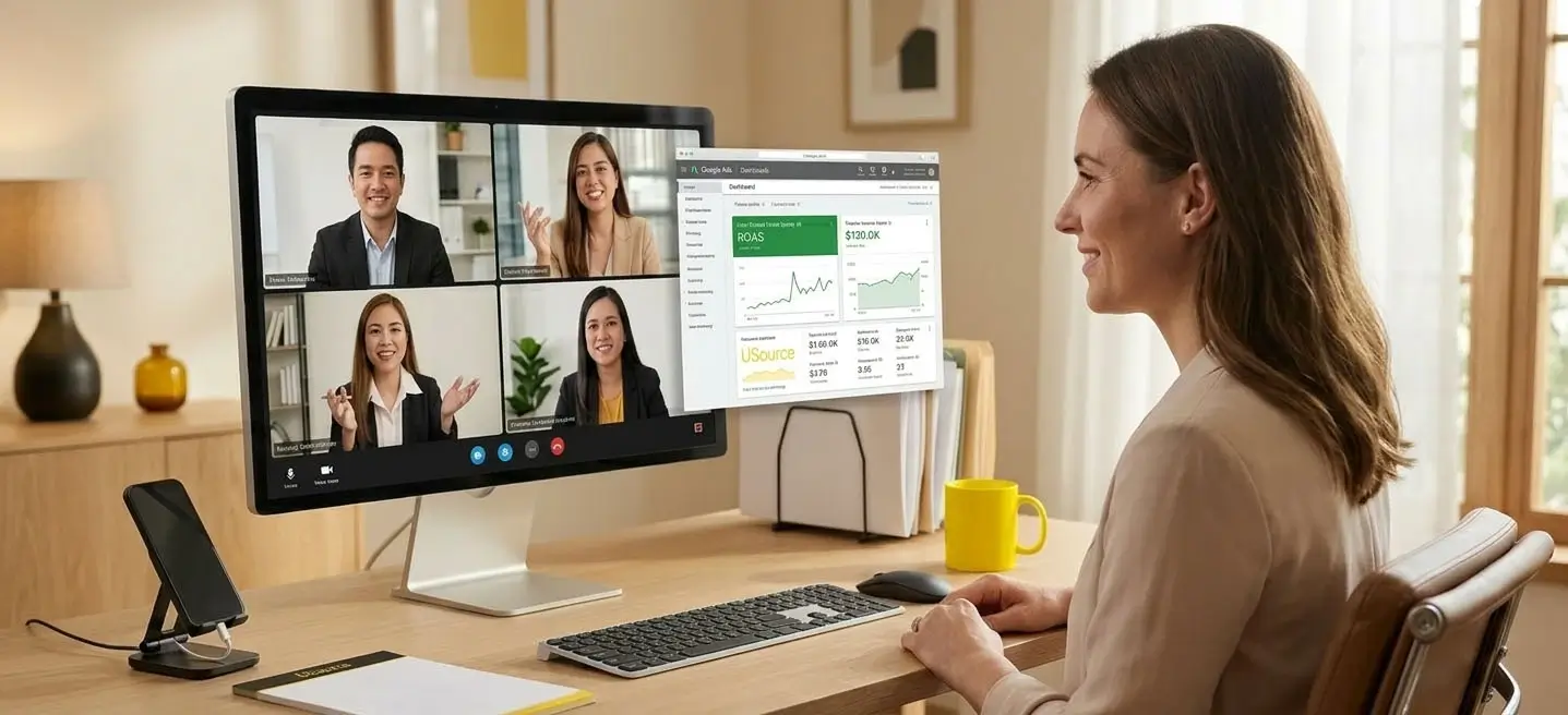 US marketing manager on a video call with Philippines-based digital advertising specialists from USource 