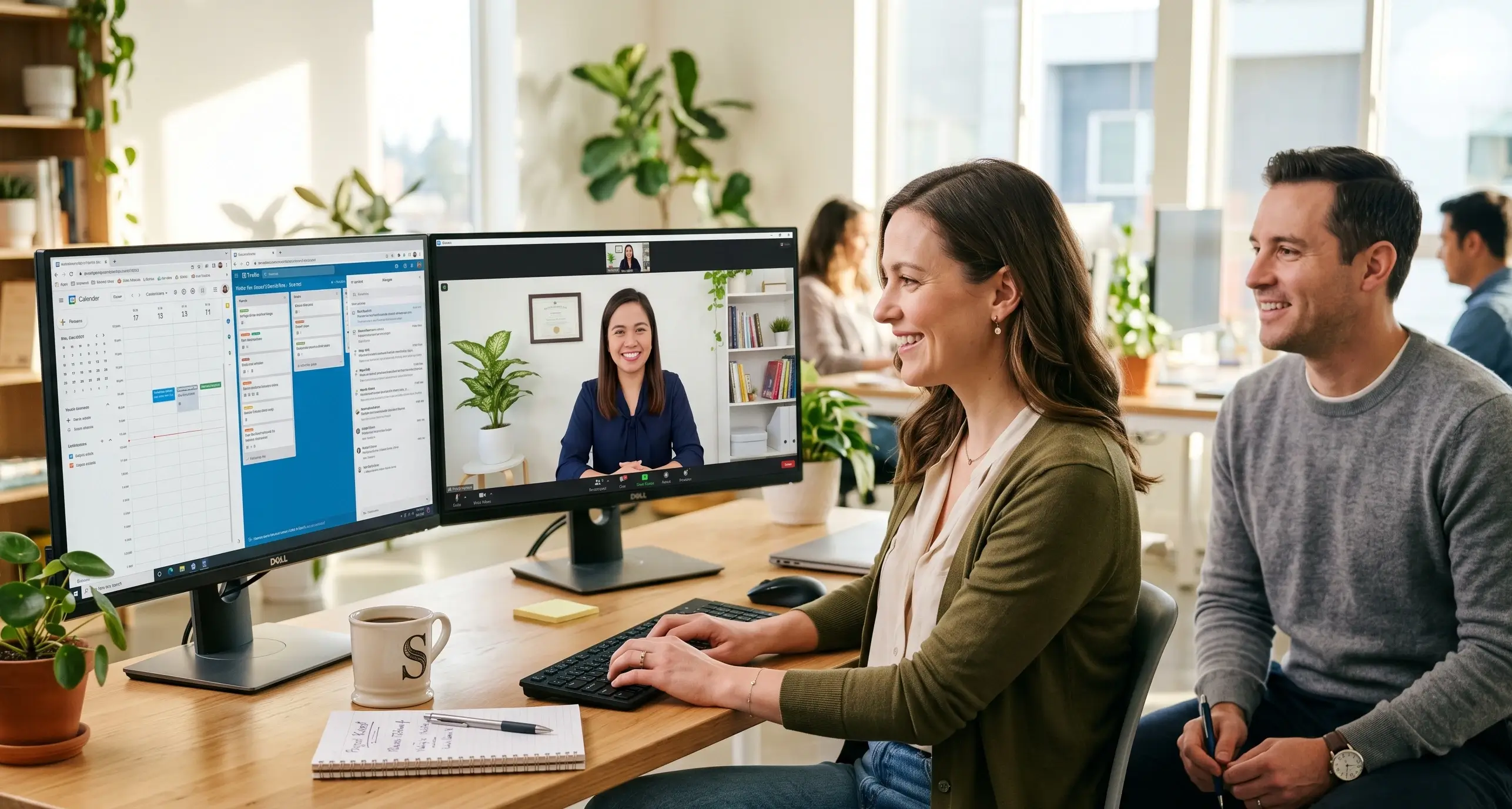 American business owner and manager video calling a Philippines-based virtual assistant from USource, collaborating remotely on daily tasks and operations