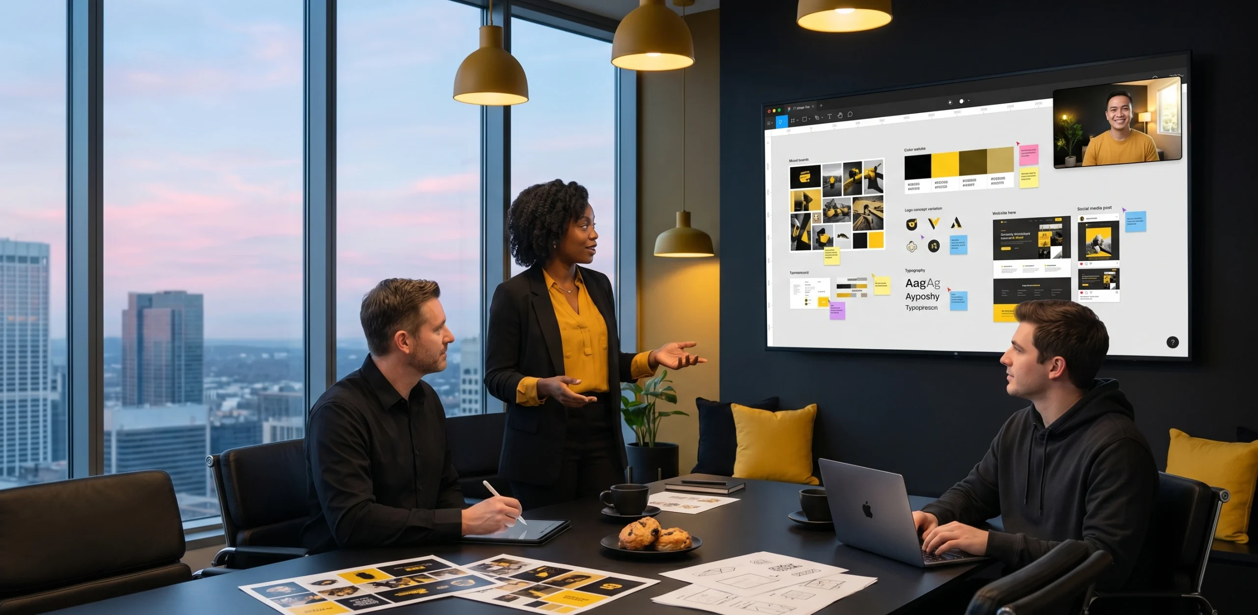 Diverse American team collaborating with a Filipino graphic designer over video call as he screen-shares a Figma brand design board 
