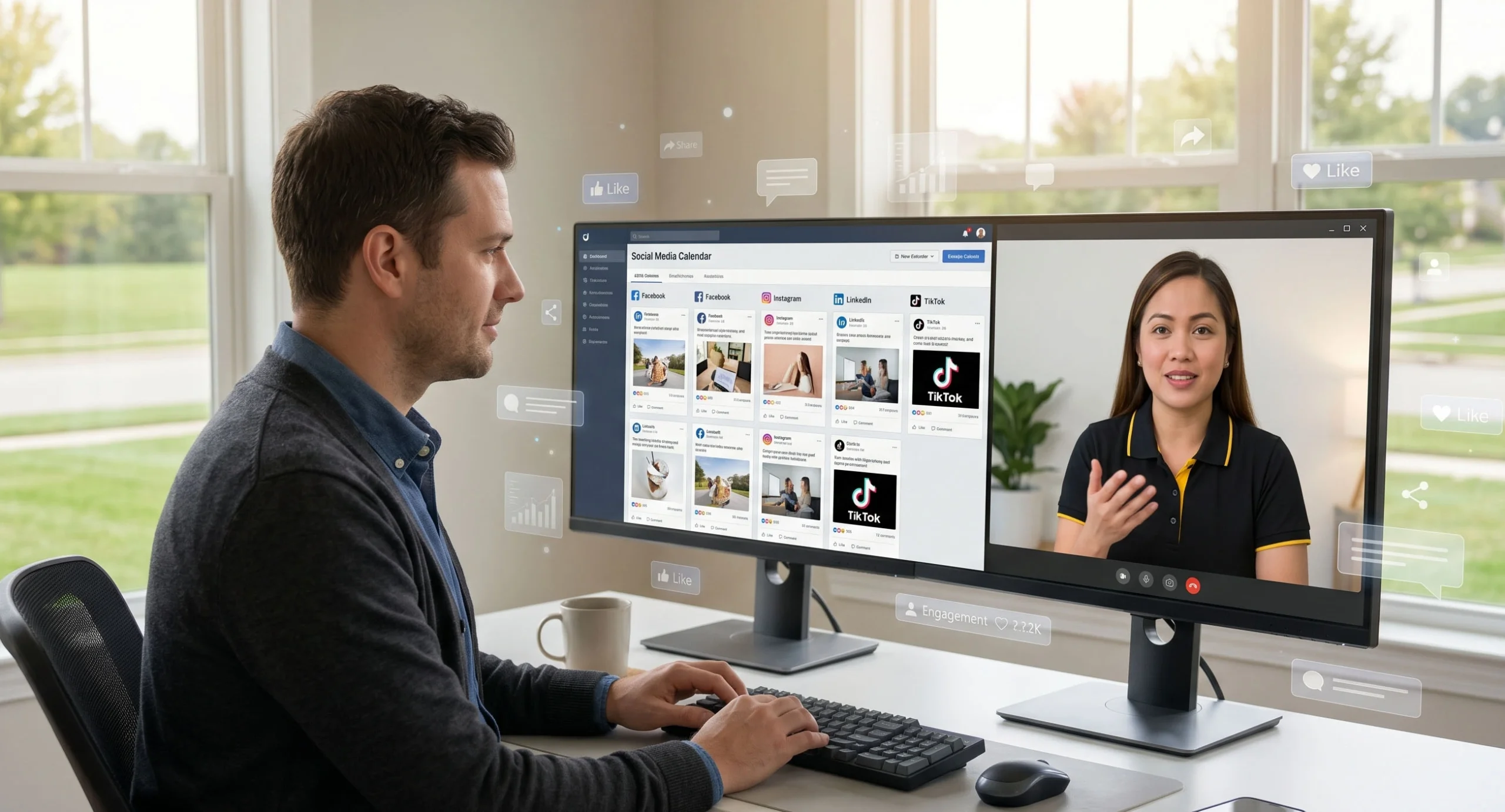 A US marketing manager reviewing a social media content calendar on screen while on a video call with a Philippines-based social media specialist