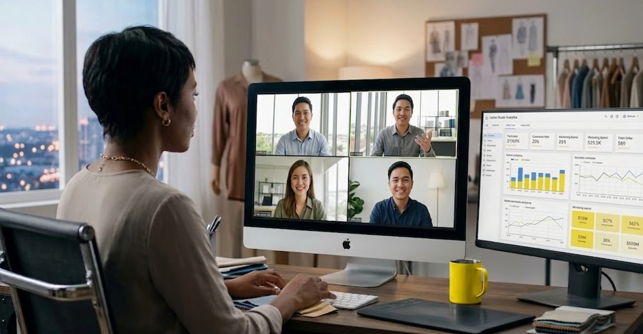 American business owner on a video call with Philippines-based data analysts reviewing a Looker Studio analytics dashboard