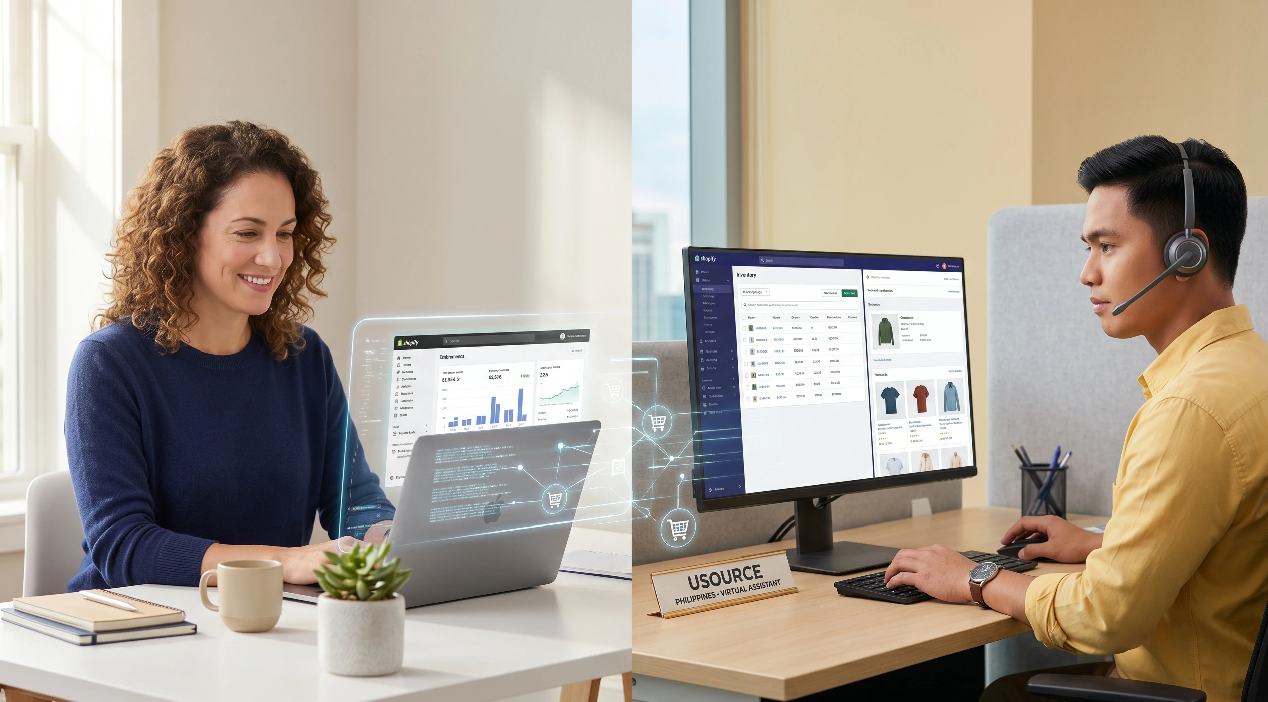 American ecommerce business owner reviewing Shopify metrics while a Philippines-based ecommerce admin specialist manages orders and listings remotely