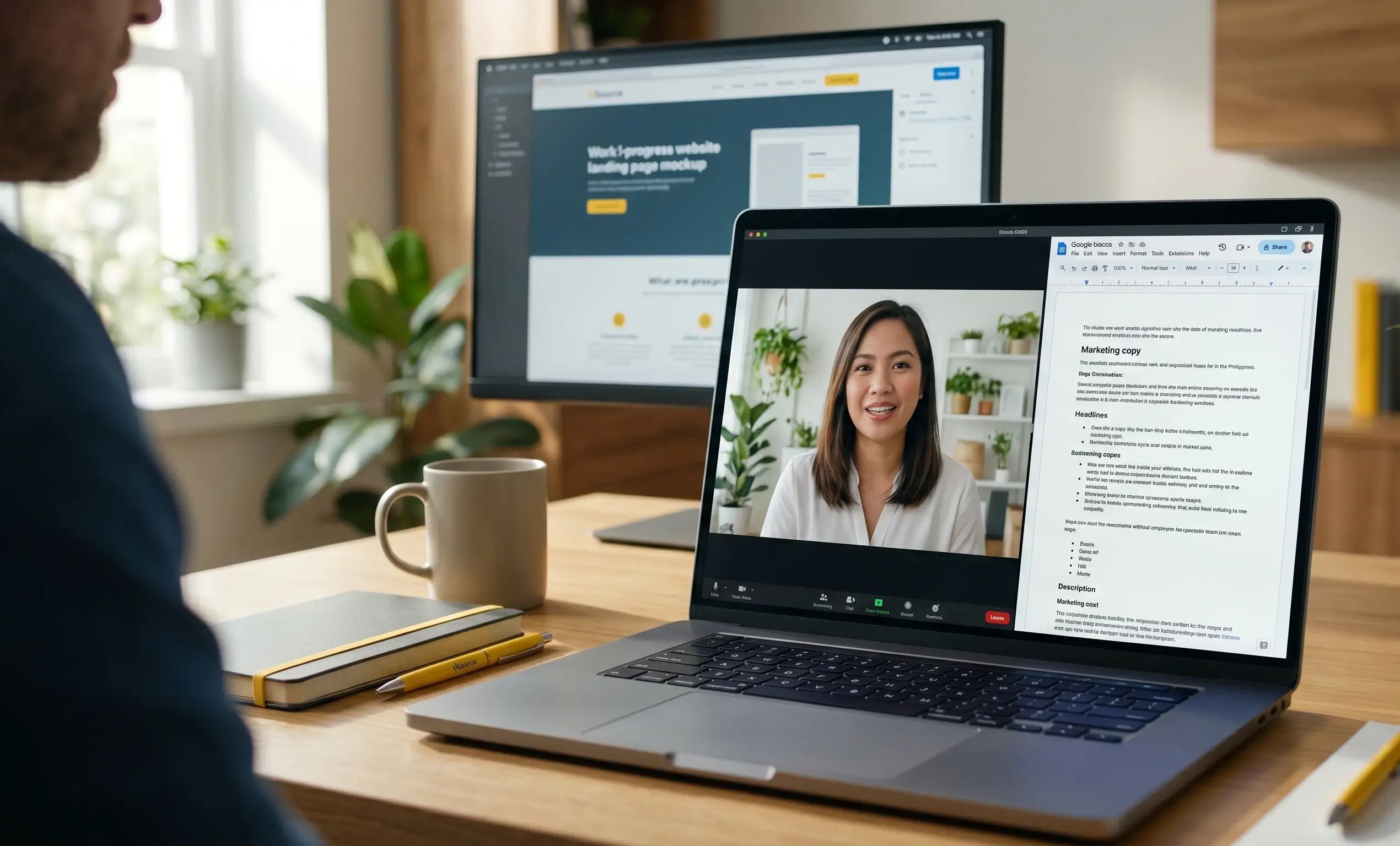 American business owner reviewing copywriting work on a video call with a Philippines-based USource copywriter, marketing copy visible on screen