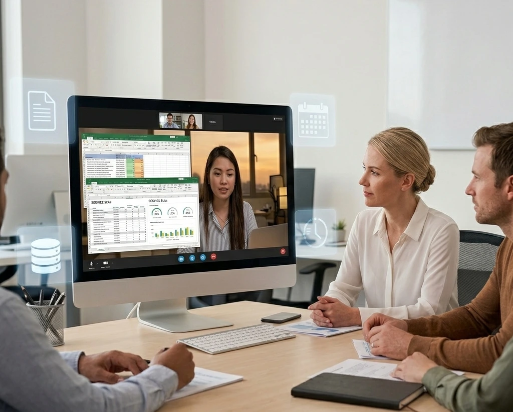 US office team reviewing a screen share from a Philippines-based USource back office specialist on a Zoom call during their evening