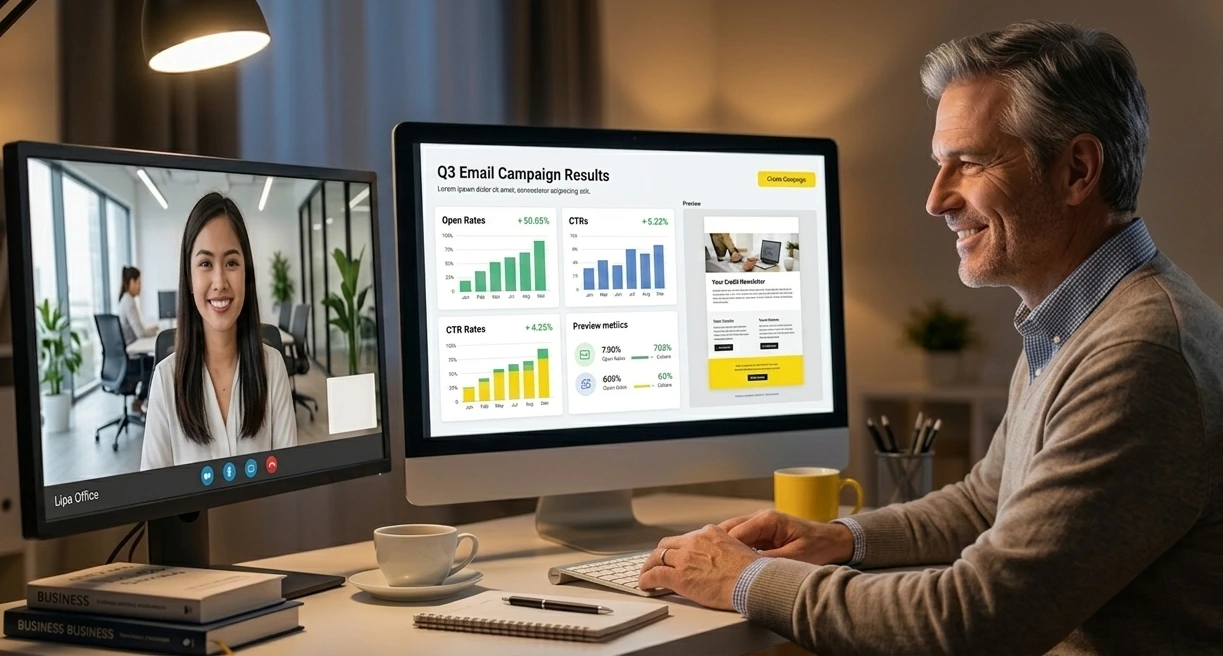 American business owner reviewing email campaign results while video-calling a Philippines-based email marketing specialist 