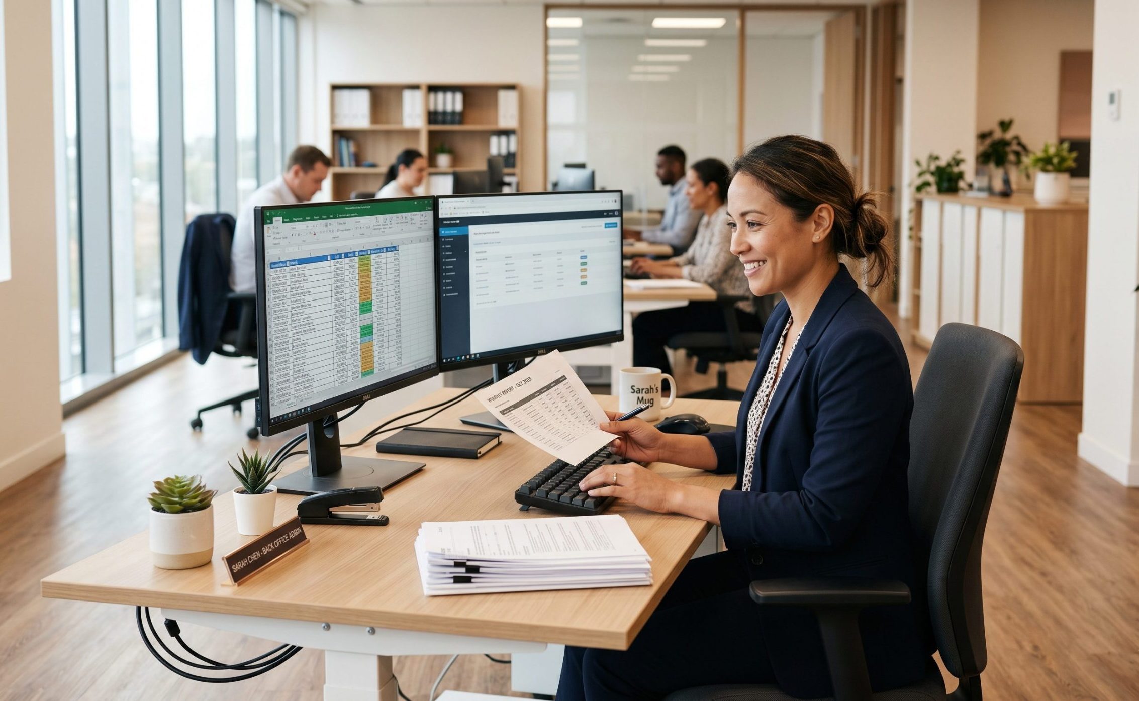 Back office administrator managing documents and data entry, supported by a Philippines-based admin team from USource