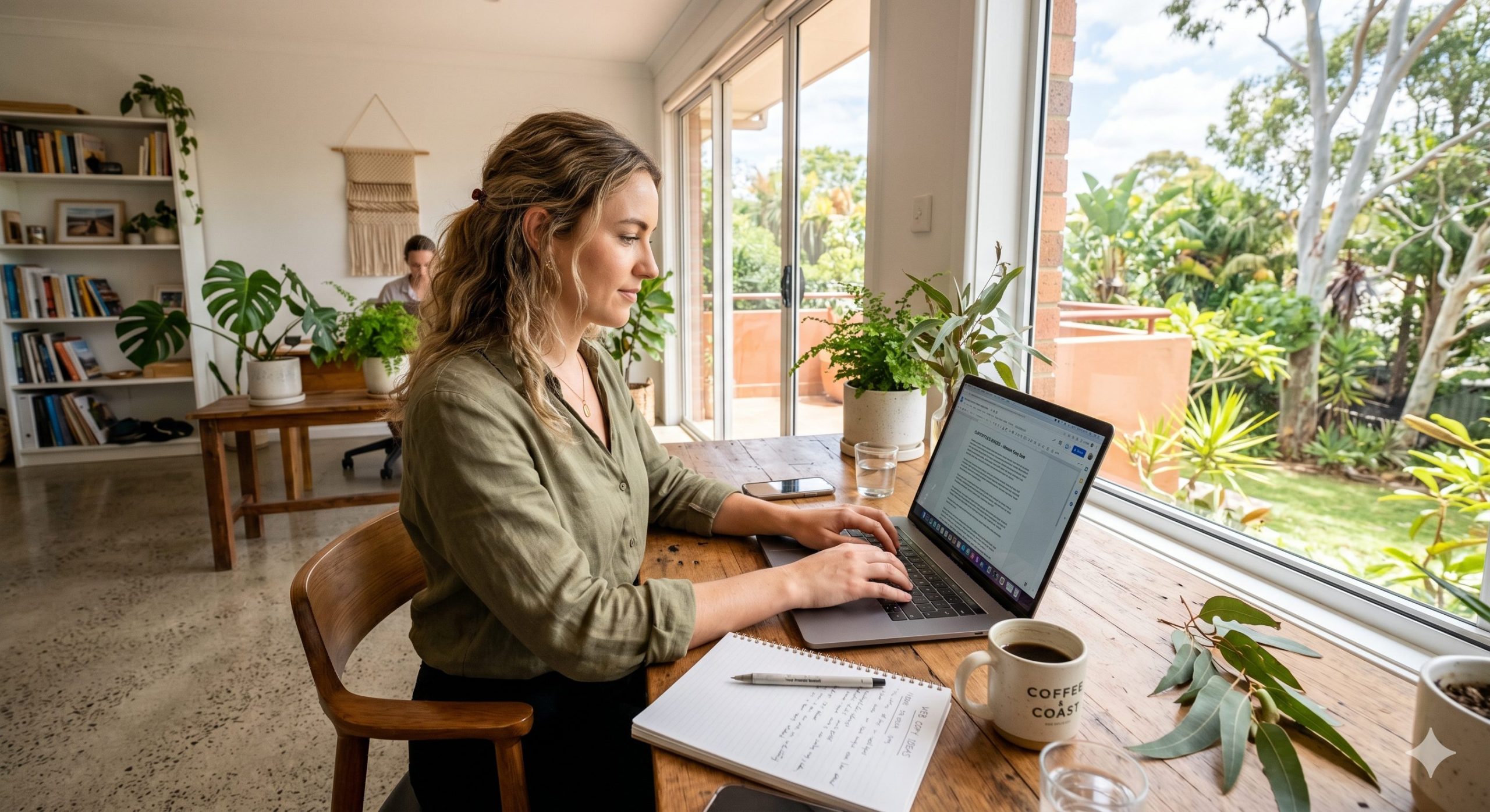 American business owner reviewing copywriting work on a video call with a Philippines-based USource copywriter, marketing copy visible on screen