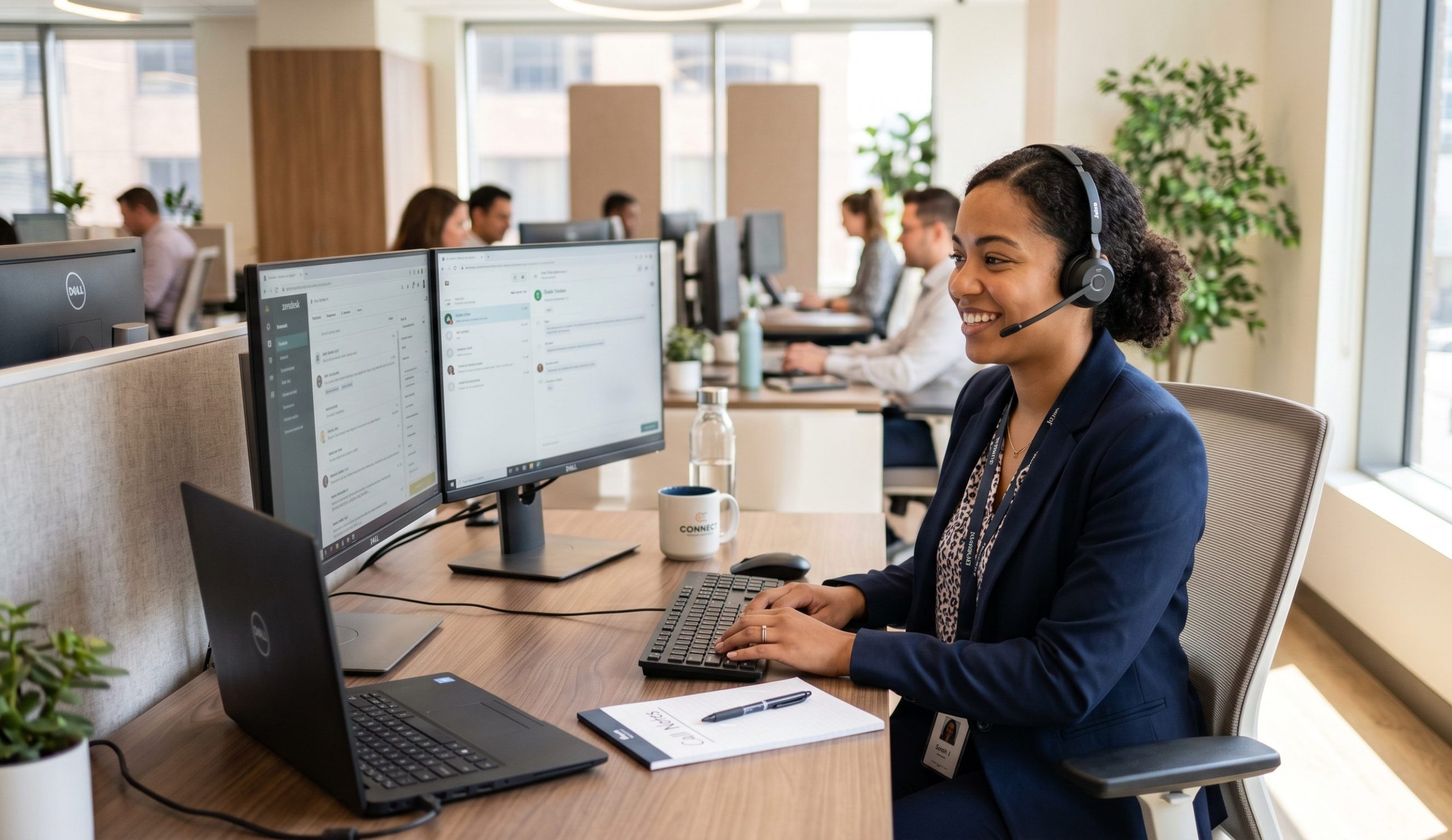 Customer support specialist wearing a headset at a computer, supported by a Philippines-based team from USource