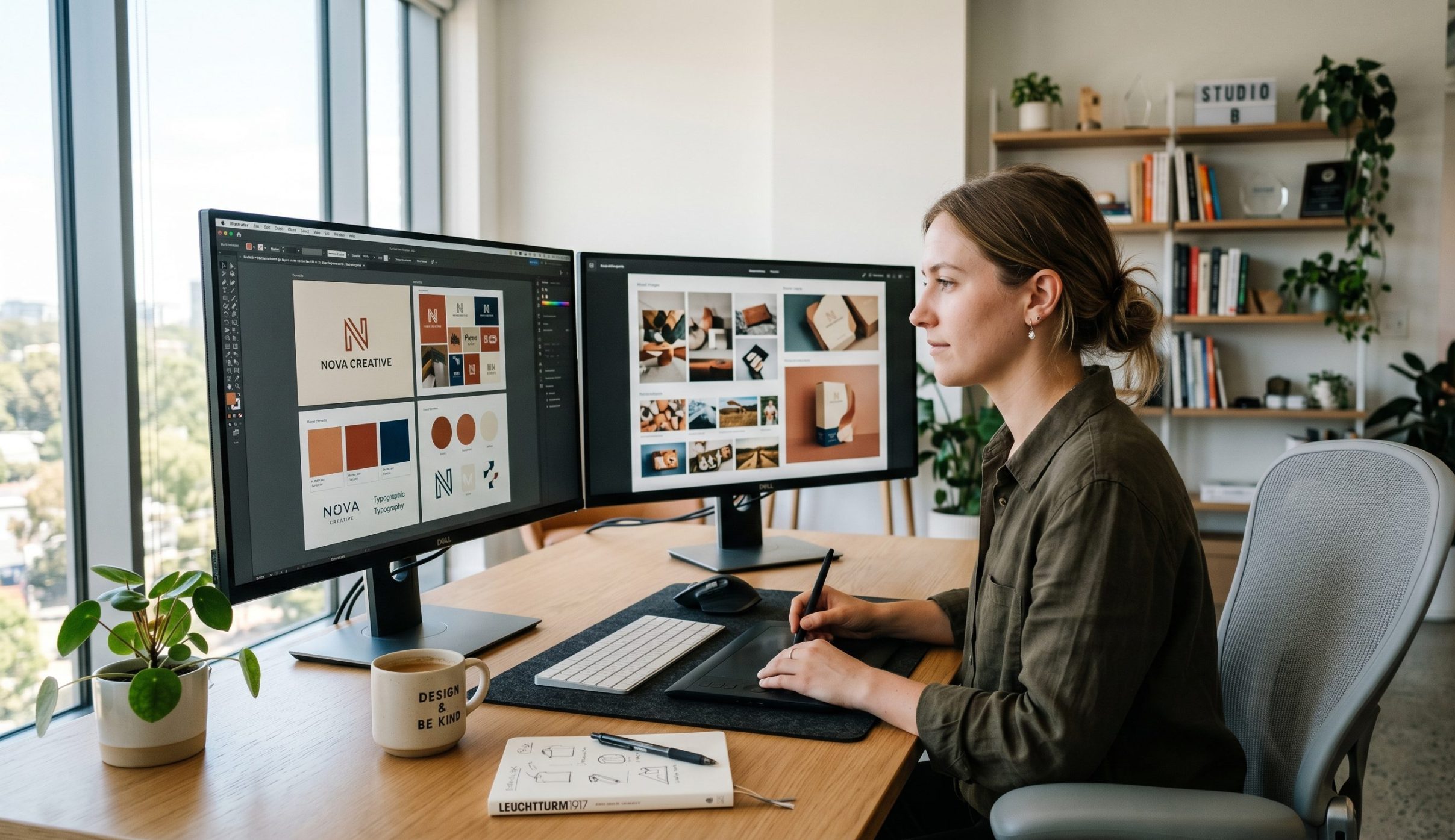 Diverse American team collaborating with a Filipino graphic designer over video call as he screen-shares a Figma brand design board 