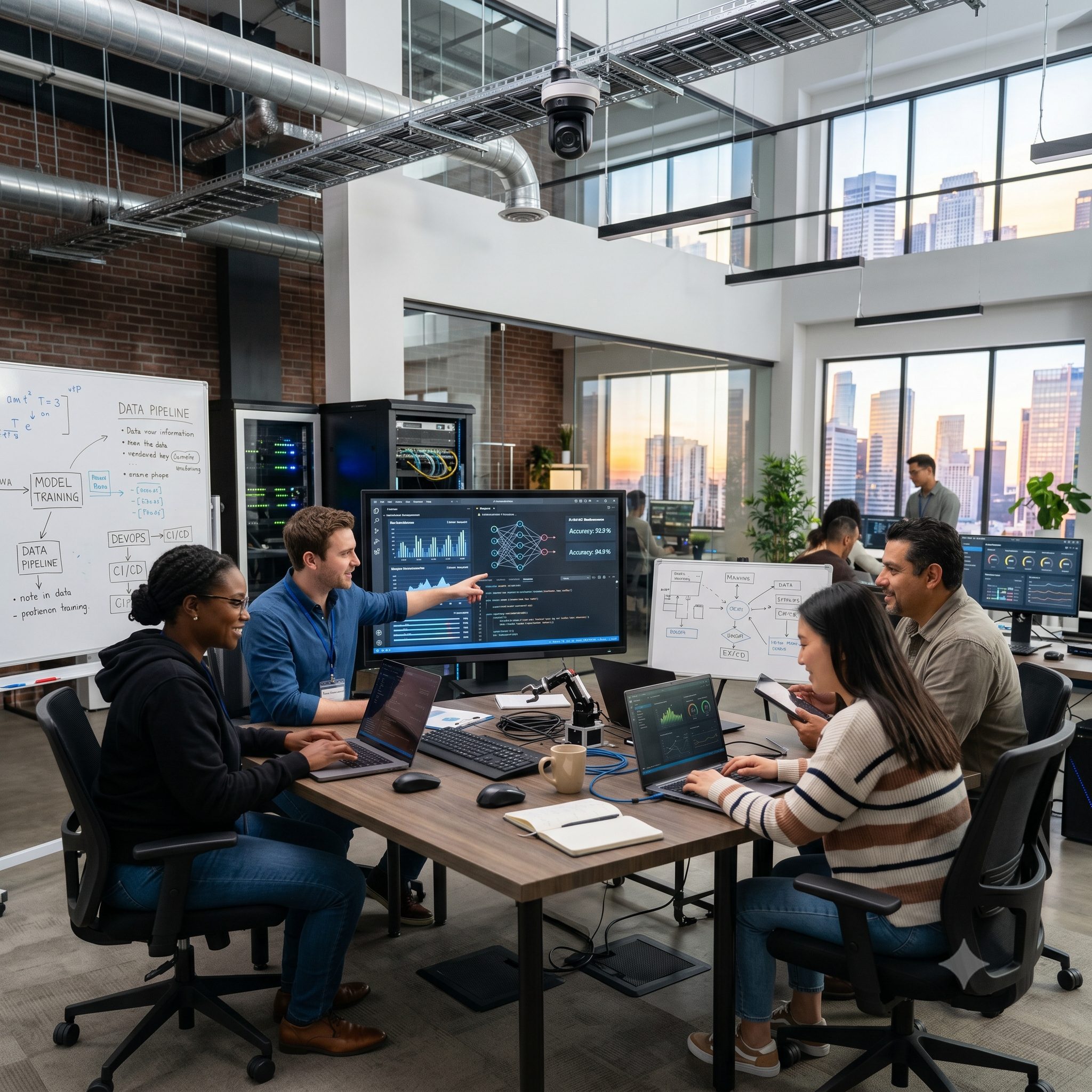 A diverse team of tech professionals collaborates on a neural network in a modern, city-view office.