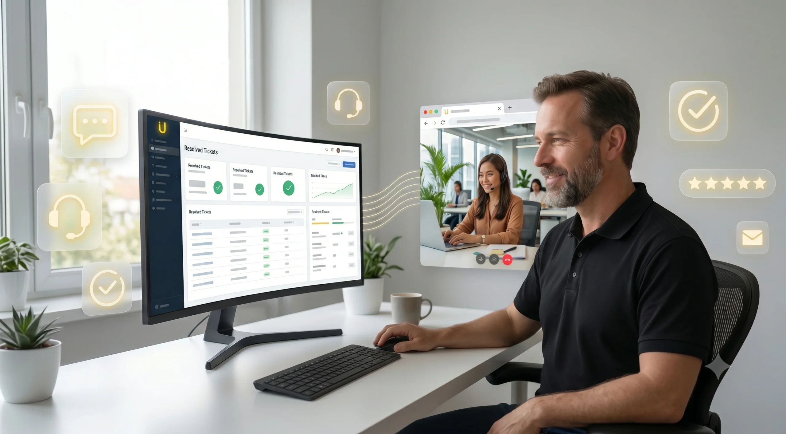 American business owner reviewing customer support metrics while video calling a Philippines-based support specialist from USource