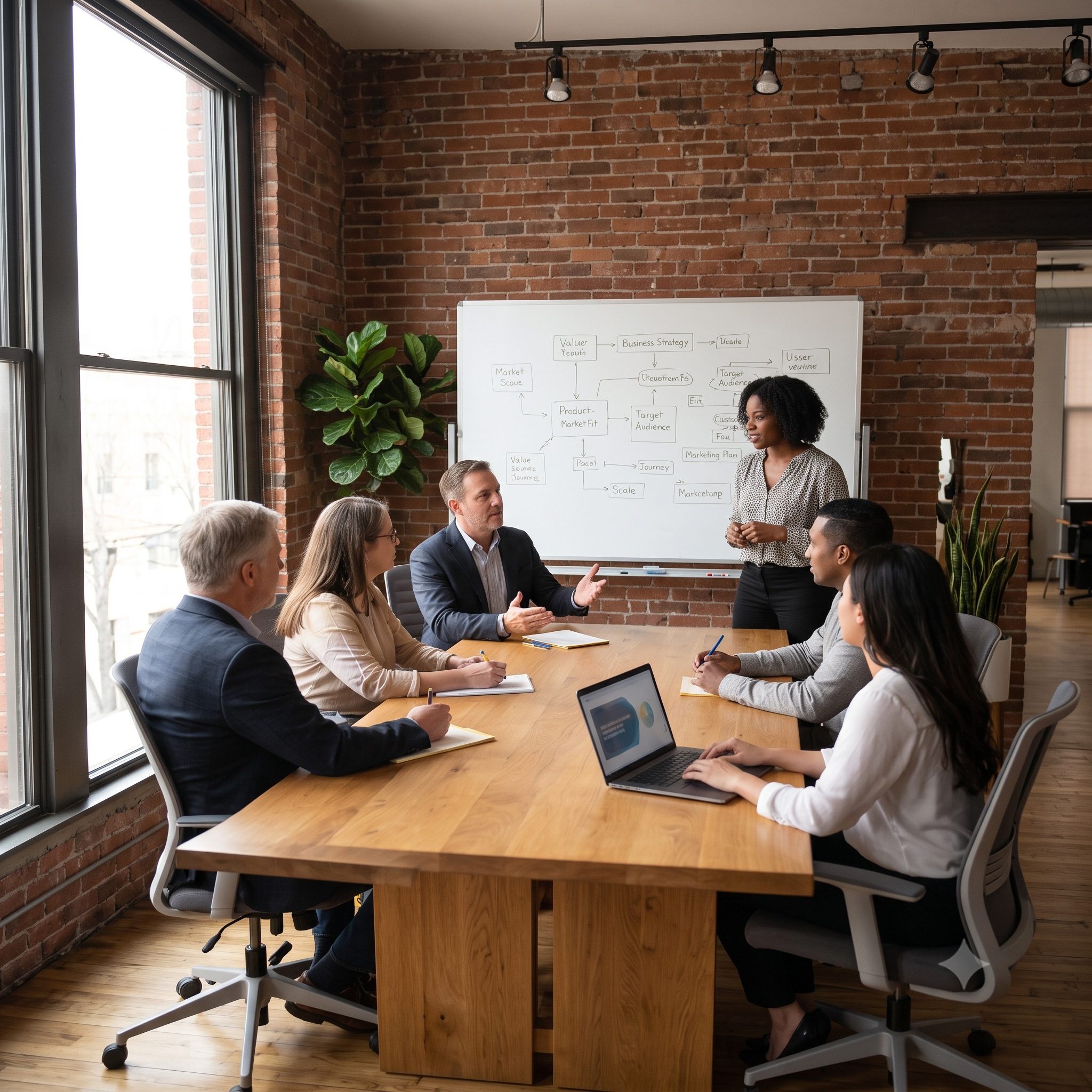 A team meeting in a modern office with a presenter discussing strategy at a whiteboard.