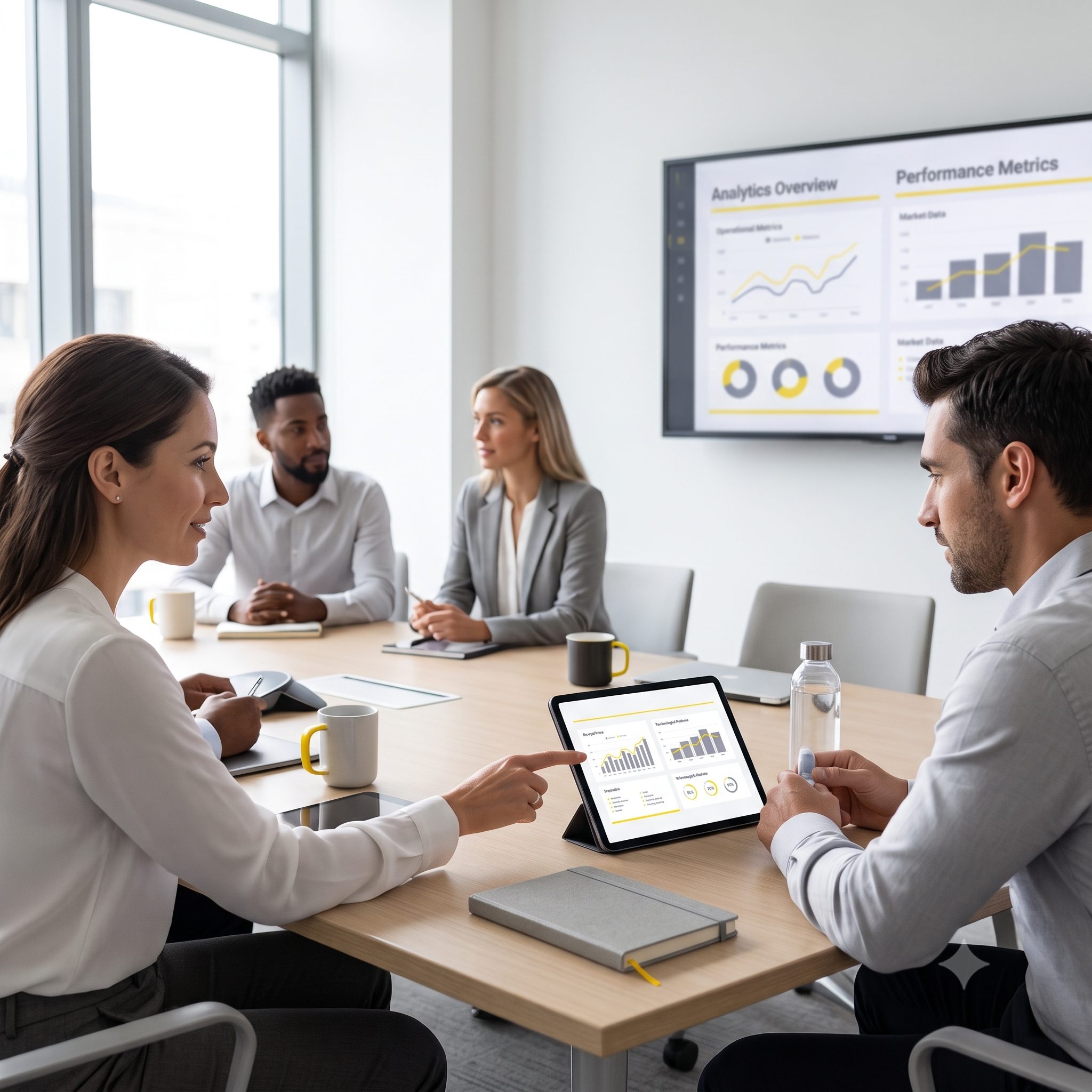 A team of four professionals collaborating in a modern conference room, reviewing business analytics displayed on a tablet and a large presentation screen showing performance metrics and charts during a meeting.
