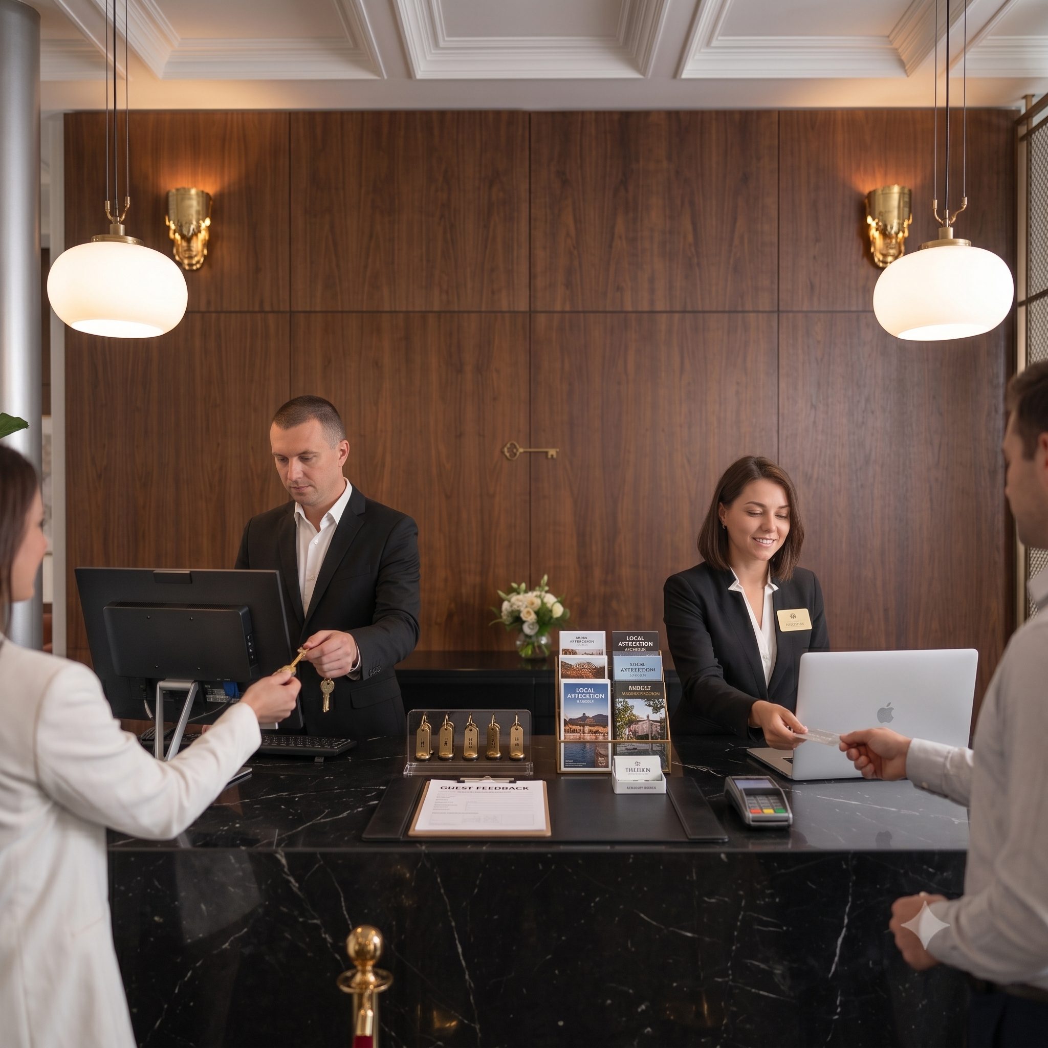 Hotel reception desk with staff assisting guests at a modern luxury lobby counter with marble surfaces, warm lighting, and elegant wood panel walls.