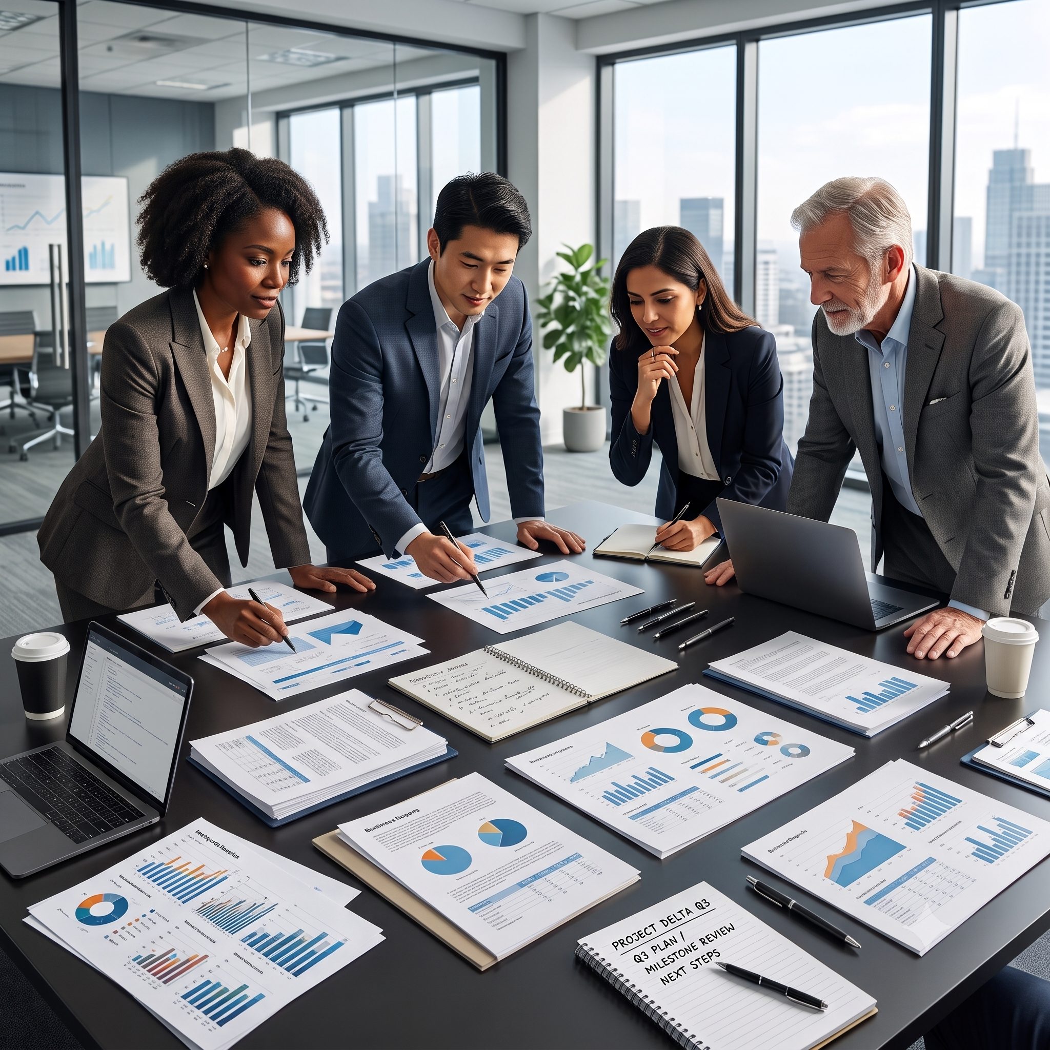 A diverse team of professionals reviewing charts, reports, and performance data together around a conference table in a modern office, with laptops, notebooks, and a city skyline visible through large windows.