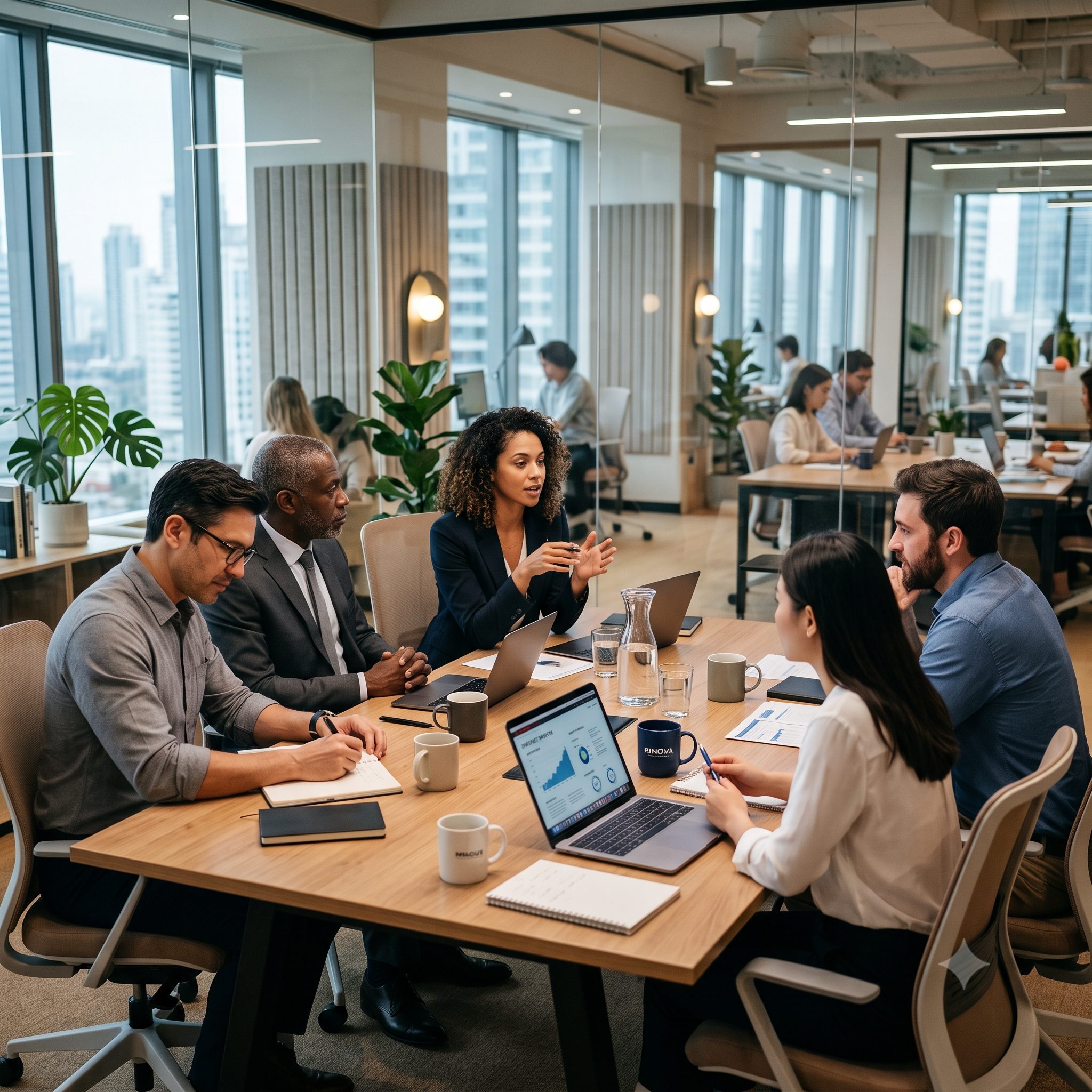 Team of office employees discussing projects around a conference table in a contemporary workspace