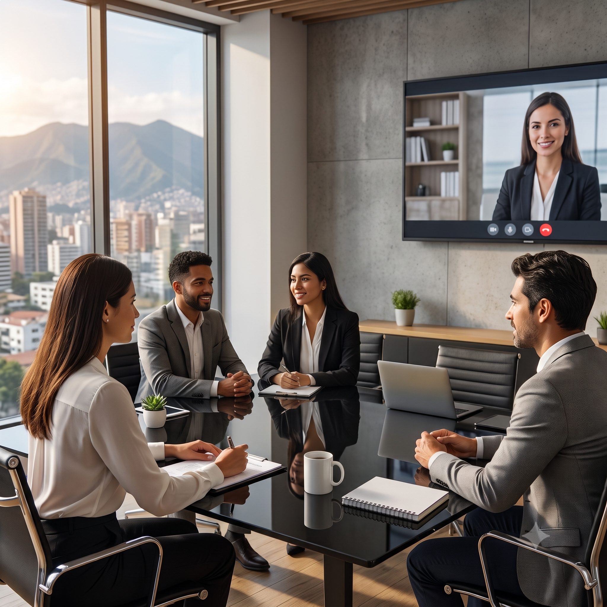 A team of professionals meeting in a modern conference room while participating in a video call with a remote colleague displayed on a large screen, with notebooks, laptops, and a city skyline visible through the windows.