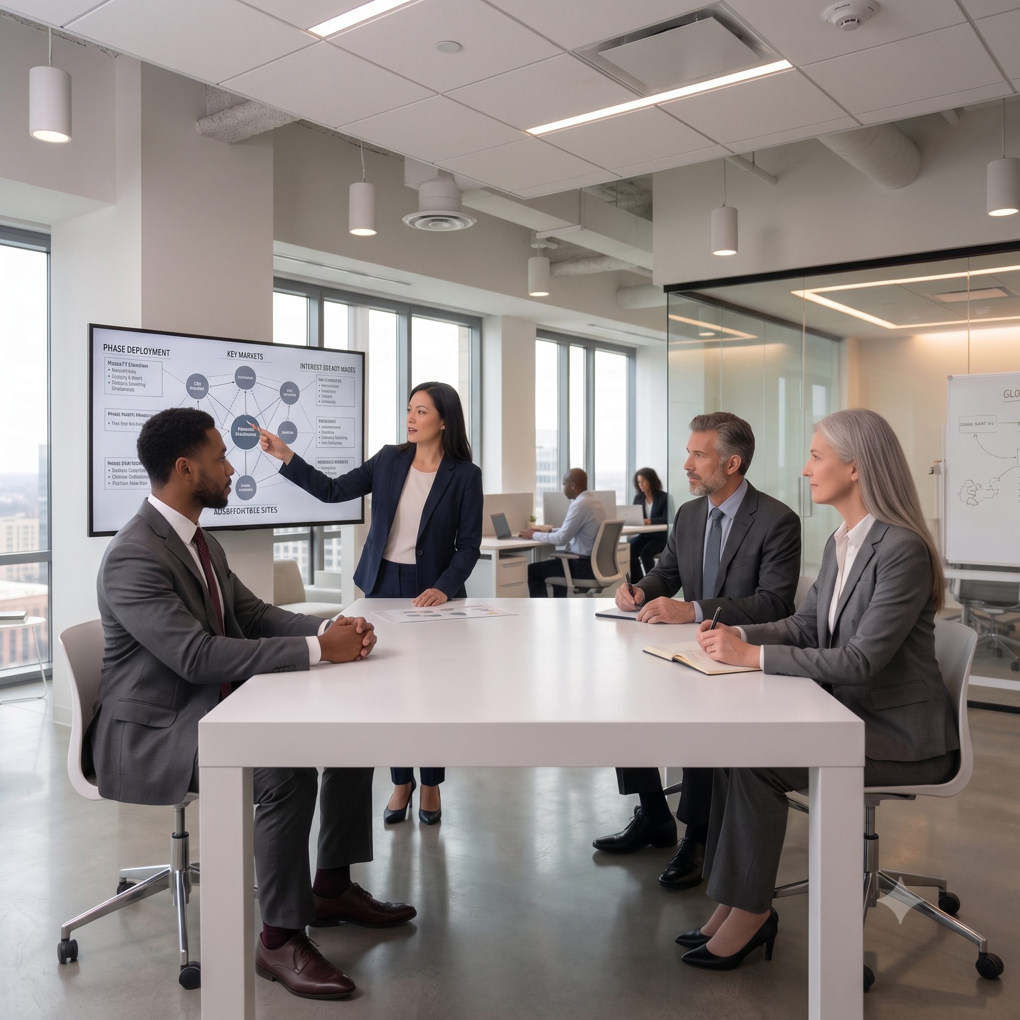 A diverse team of professionals attends a business strategy meeting in a modern industrial-style conference room.