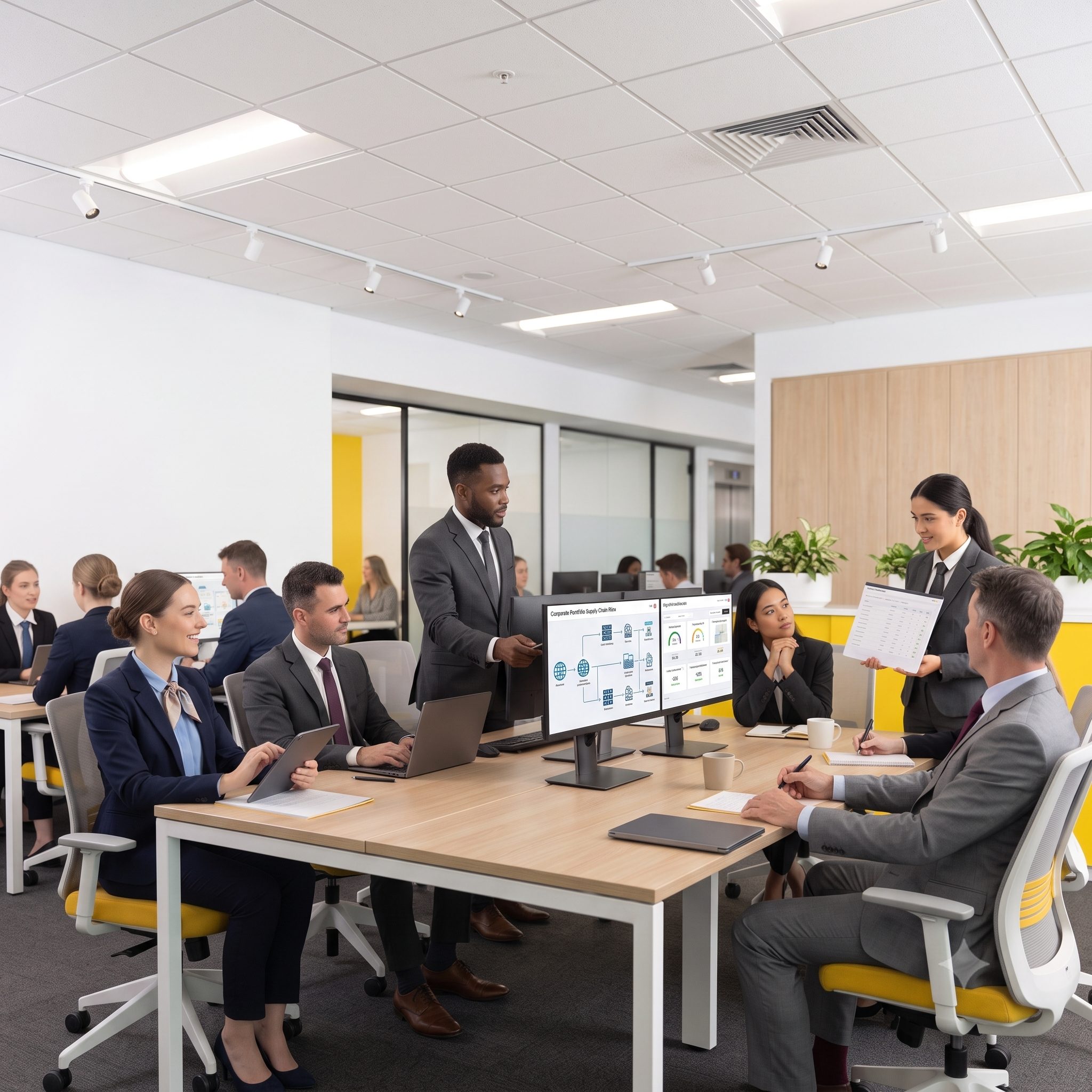 A team of business professionals collaborates in a modern open-plan office during a meeting.