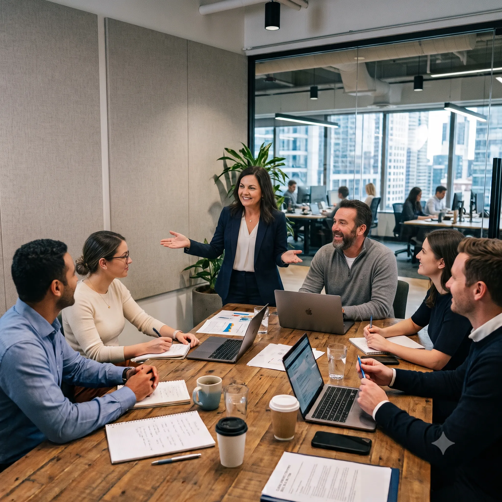 Meeting of offshore digital specialists collaborating with a client in a modern office conference room.