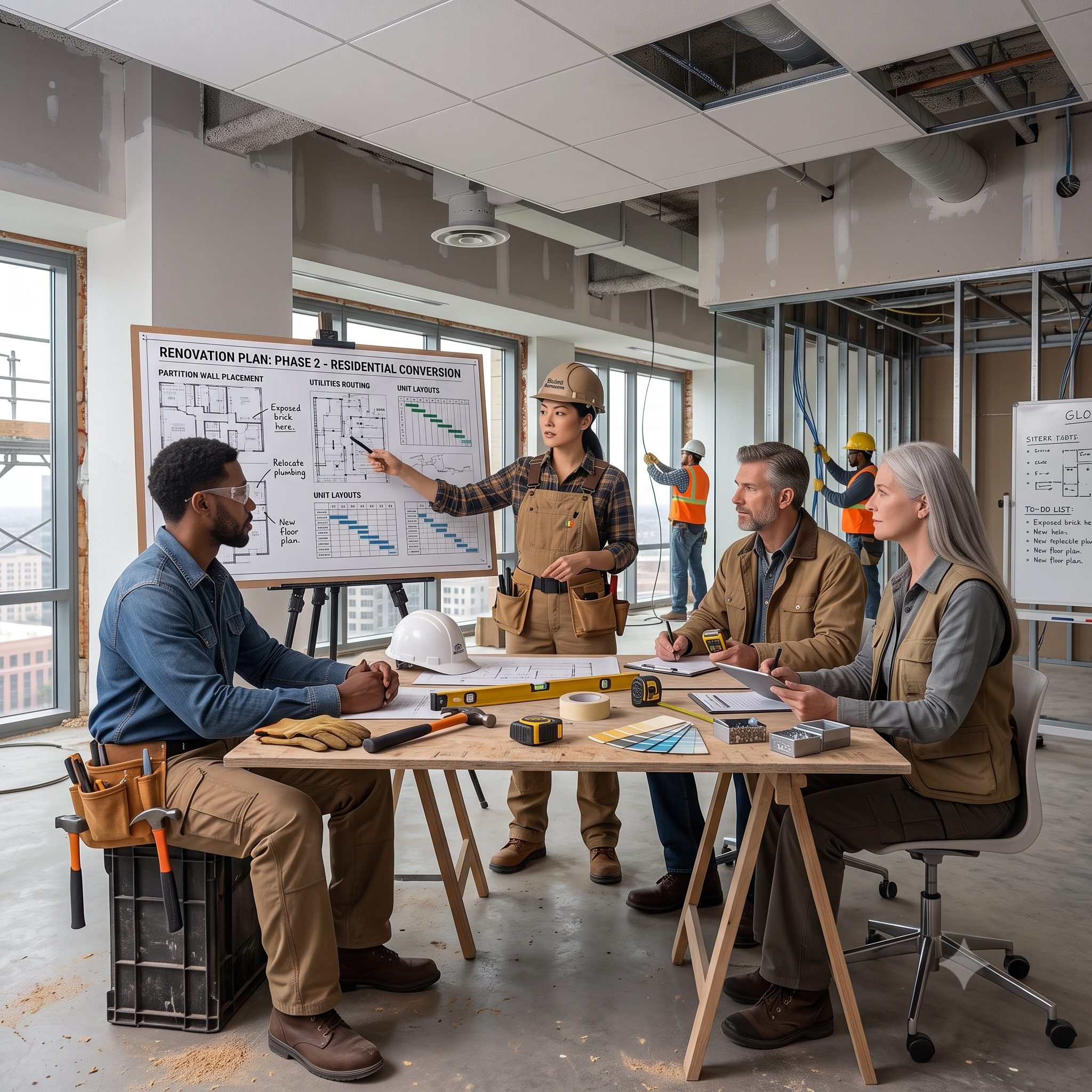 Construction team reviewing renovation plans during a site meeting inside a building under construction, with workers discussing layouts and project details.