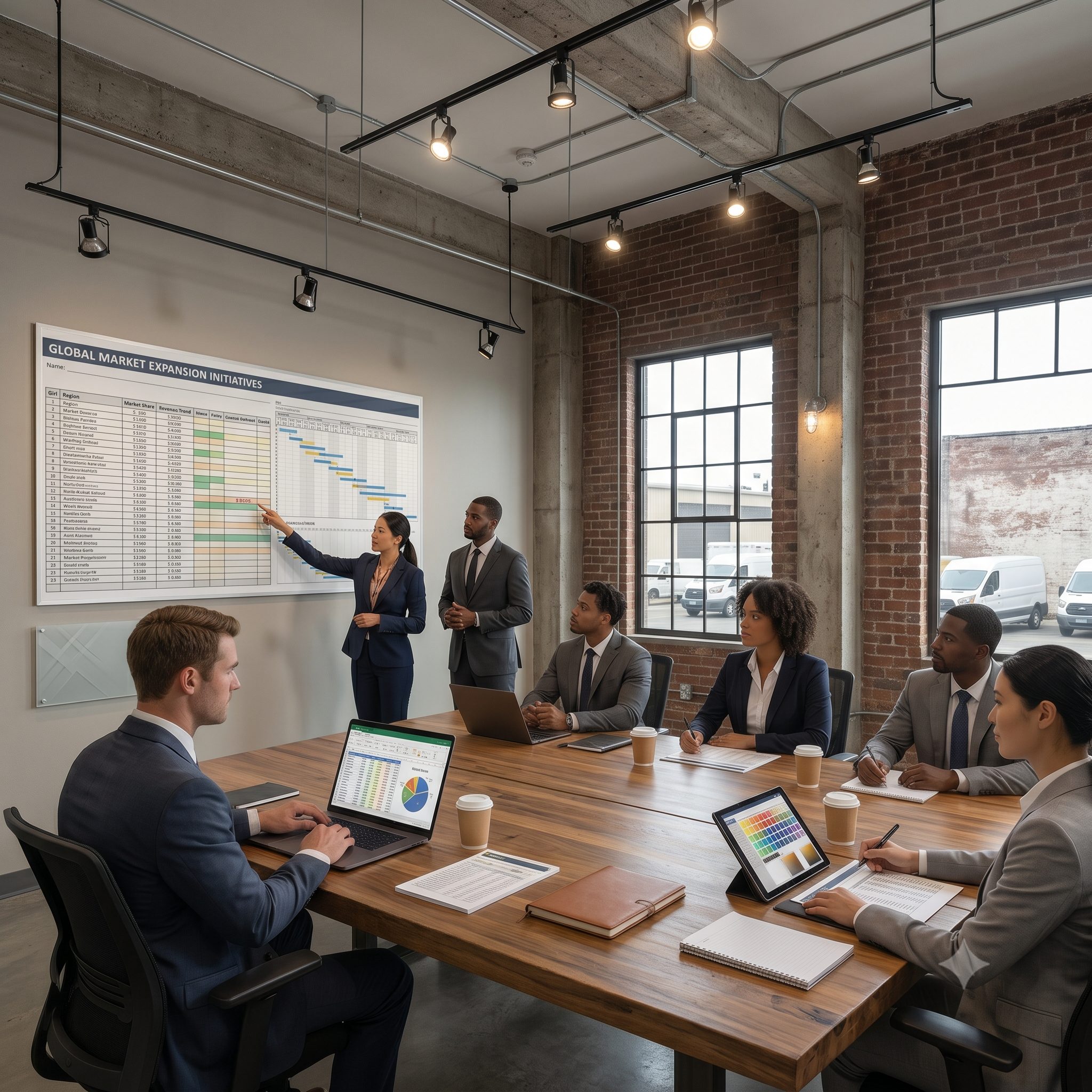 A diverse team of professionals attends a business strategy meeting in a modern industrial-style conference room.